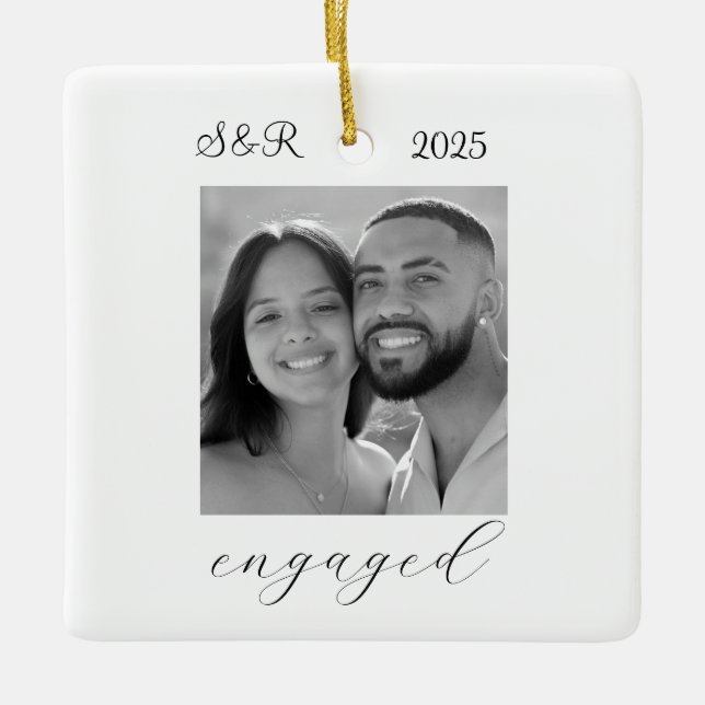 Elegant Script Modern Engagement Photo Keepsake Ceramic Ornament (Front)