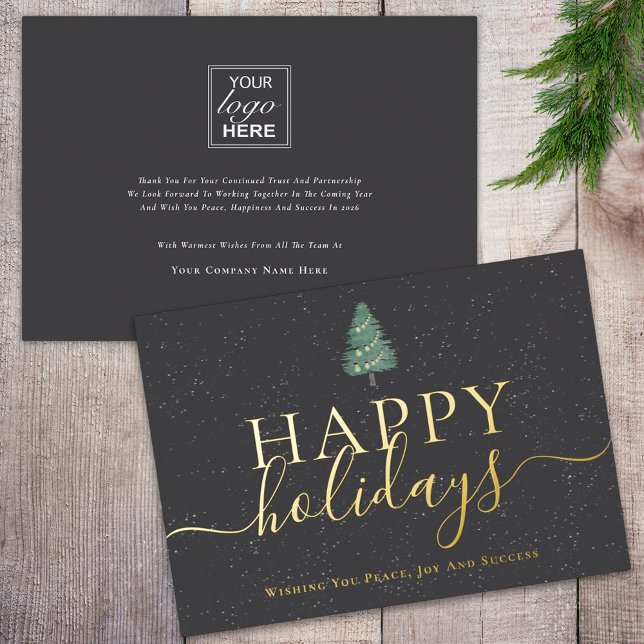 Elegant script modern festive pine tree Business (Elegant script modern festive pine tree Happy holidays christmas tree business logo gray & gold foil)