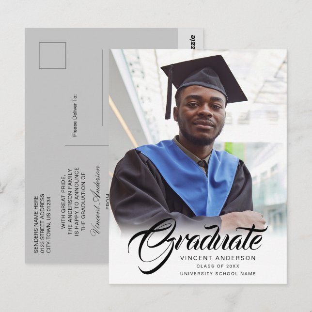 Elegant Script | Modern Grad Photo Announcement Postcard (Front/Back)