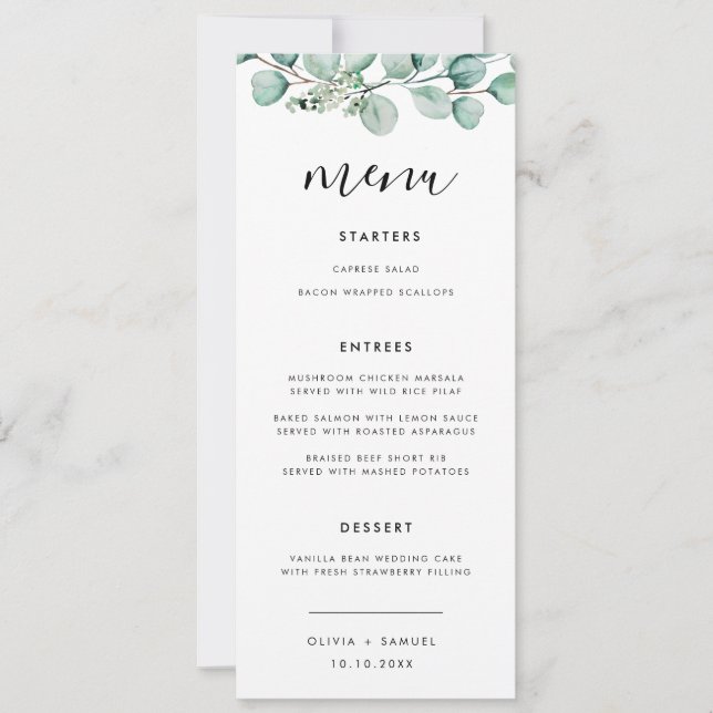 Elegant Script Modern Greenery Wedding Menu  Invitation (Front)