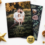 Elegant Script Modern Photo Festive Traditional<br><div class="desc">Get in the spirit with this elegant script calligraphy family photo real foil (gold,  silver,  or rose gold) holiday card! Modern watercolor foliage branches with berries,  holly,  pine,  cotton,  and eucalyptus on muted earth tones elevate this whimsical and festive card design on the back.</div>