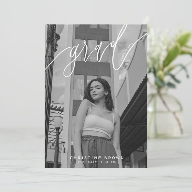 Elegant Script Modern Photo Graduation Card (Standing Front)