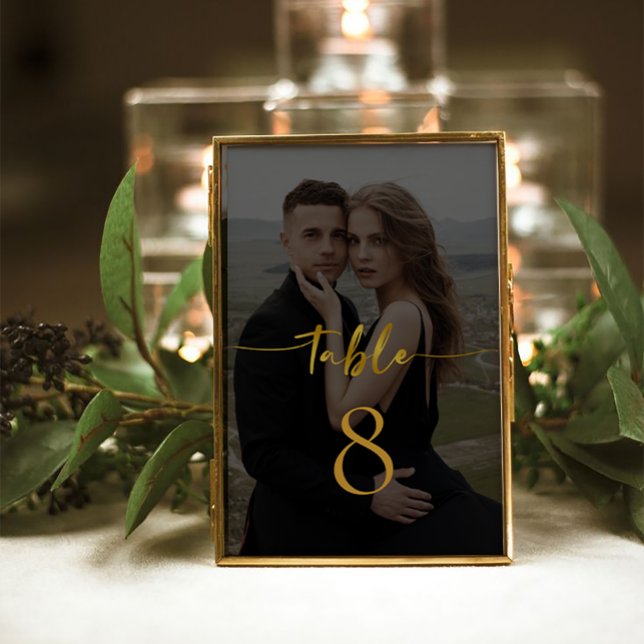 Elegant  Script Modern Photo Wedding Table Number (Modern Black and Gold Floral elegant wedding Photo Table card)