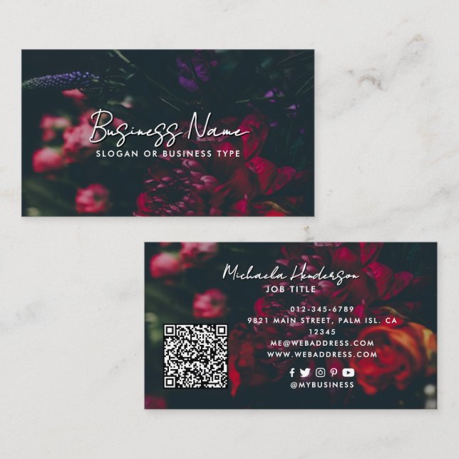 Elegant Script Modern QR Code Dark & Moody Flowers Business Card (Front/Back)