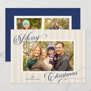 Elegant Script Modern Stripe 3 Photos Christmas Holiday Card