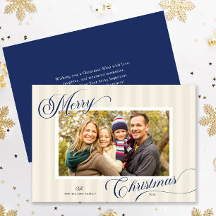 Elegant Script Modern Stripe Photo Christmas Holiday Card