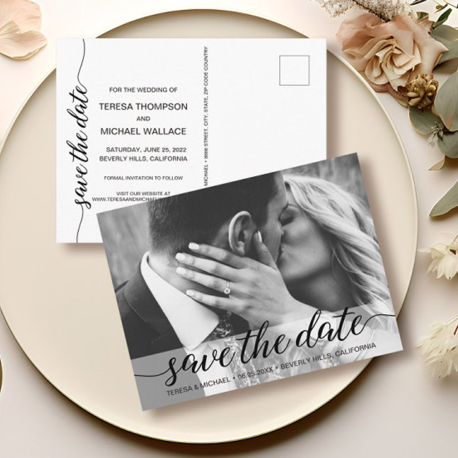 Elegant Script Modern wedding engagement Photo Postcard (Elegant script photo save the date postcard invitation.)