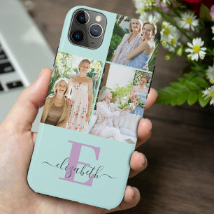 Elegant Script Monogram 3 Photo Mint and Lilac Case-Mate iPhone Case
