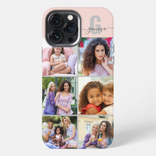 Elegant Script Monogram 6 Photo Pink and Grey iPhone 13 Pro Max Case