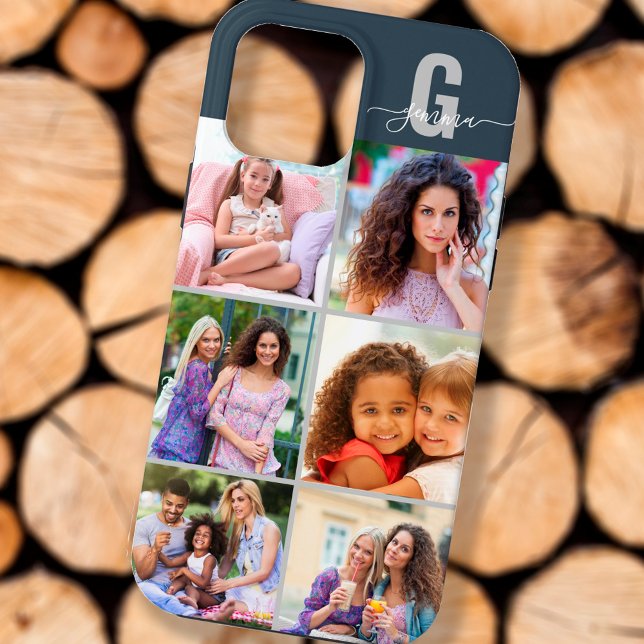 Elegant Script Monogram 6 Photo Slate Blue Grey Case-Mate iPhone Case (Creator Uploaded)