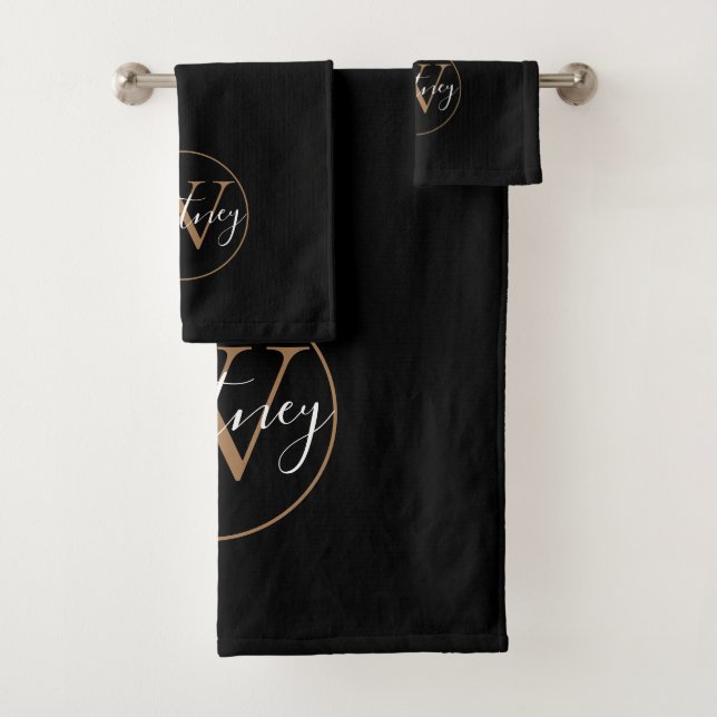 Elegant Script Monogram Black and Gold   Bath Towel Set (Insitu)