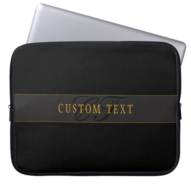 Elegant Script Monogram Black & Gold Laptop Sleeve (Front)
