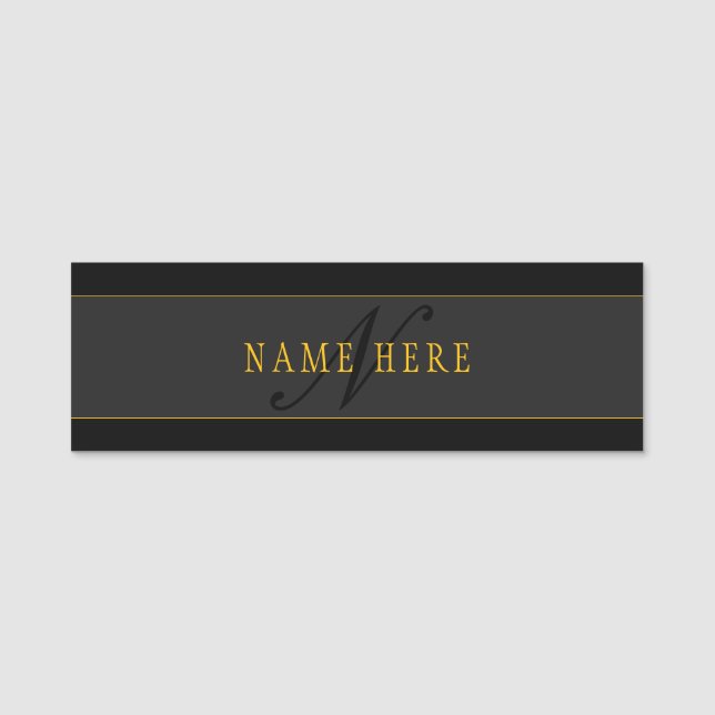 Elegant Script Monogram Black & Gold Name Tag (Front)