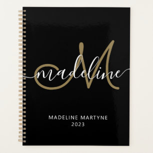 Elegant Script Monogram Black Gold Planner