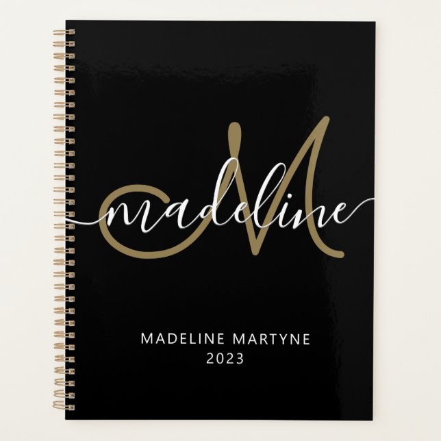 Elegant Script Monogram Black Gold Planner (Front)