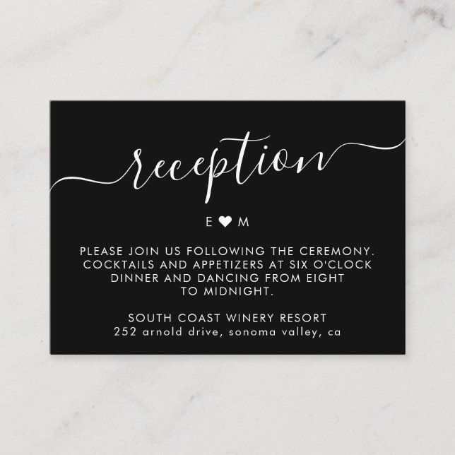 Elegant Script Monogram Black Wedding Reception Enclosure Card (Front)