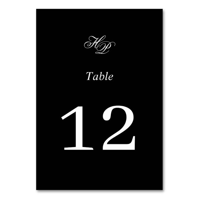 Elegant Script Monogram Black & White Wedding Table Number (Front)