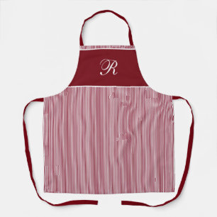 Elegant Script Monogram Burgundy Red Stripe Apron