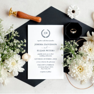 Elegant Script Monogram Crest Wreath Wedding Invitation