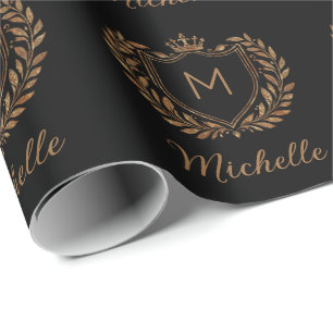Elegant script Monogram Custom Luxury Black Gold Wrapping Paper