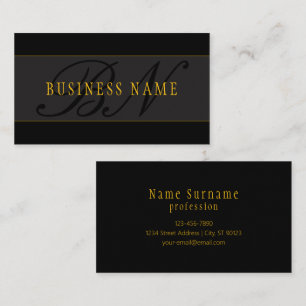 Elegant Script Monogram Dark Navy Blue Grey & Gold Business Card
