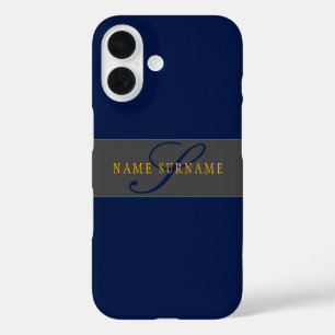 Elegant Script Monogram Dark Navy Blue Grey & Gold iPhone 16 Case
