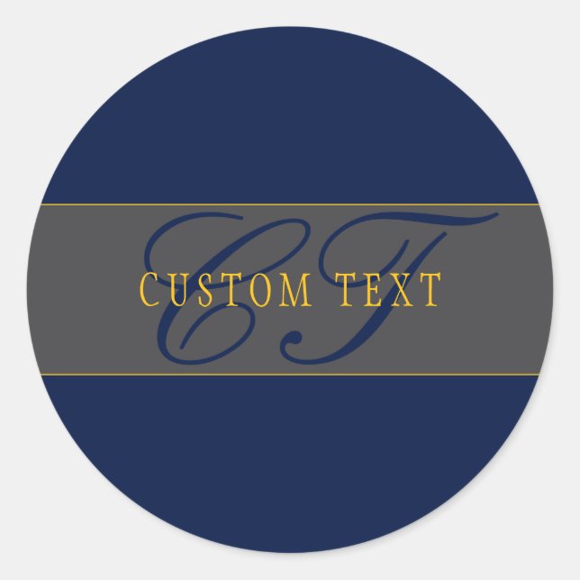 Elegant Script Monogram Dark Navy Blue Grey & Gold Classic Round Sticker (Front)