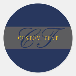 Elegant Script Monogram Dark Navy Blue Grey & Gold Classic Round Sticker