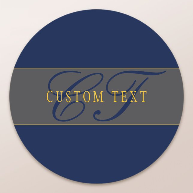 Elegant Script Monogram Dark Navy Blue Grey & Gold Classic Round Sticker (Creator Uploaded)