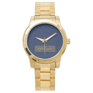 Elegant Script Monogram Dark Navy Blue Grey & Gold Watch
