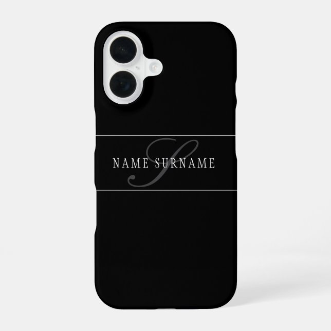 Elegant Script Monogram Editable Black Grey White iPhone 16 Case (Back)
