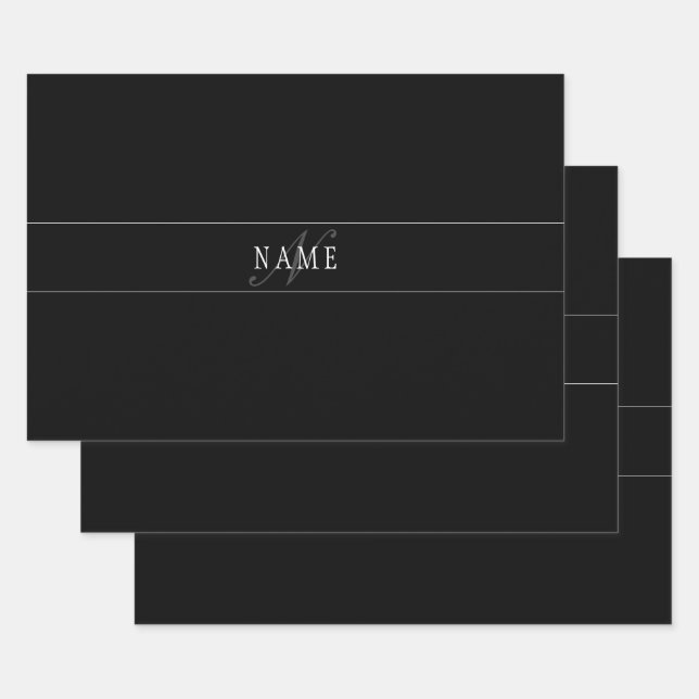 Elegant Script Monogram Editable Black Grey White Wrapping Paper Sheet (Set)