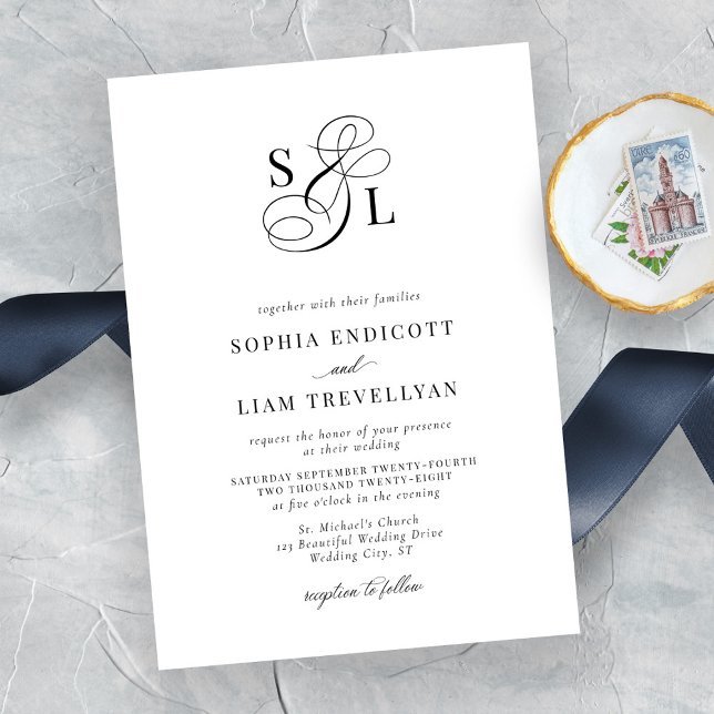 Elegant Script Monogram Formal Wedding Invitation (Creator Uploaded)