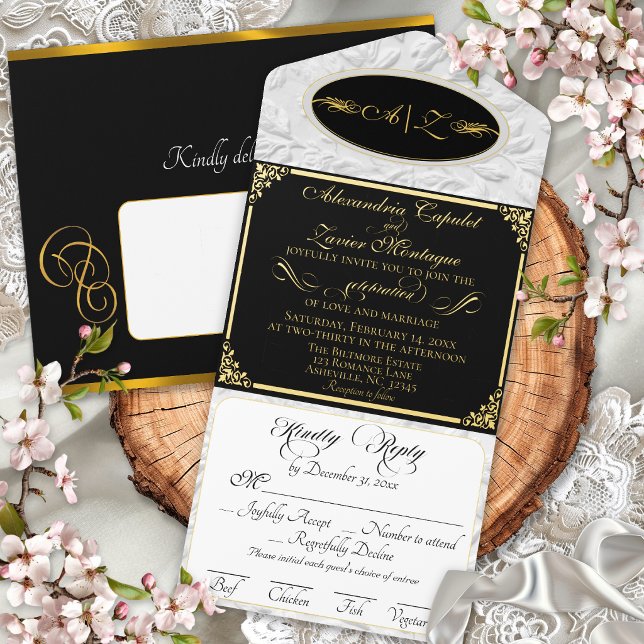 Elegant Script, Monogram & Frame- Black/Gold All In One Invitation (Creator Uploaded)