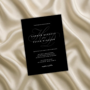 Elegant Script Monogram Initials Black Wedding Invitation
