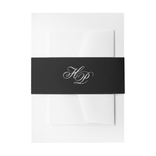 Elegant Script Monogram Initials Black Wedding Invitation Belly Band