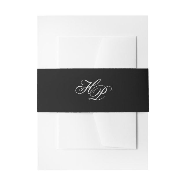 Elegant Script Monogram Initials Black Wedding Invitation Belly Band (Front Example)