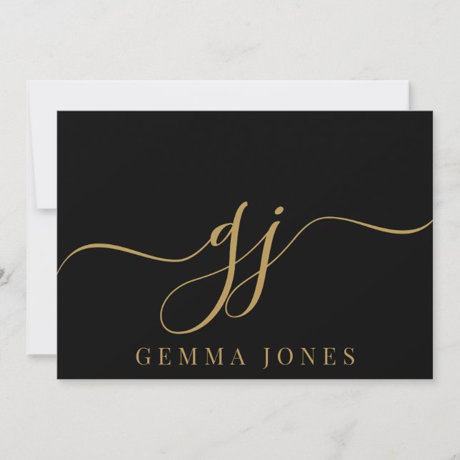 Elegant Script Monogram Initials Name Black Gold  Card (Front)