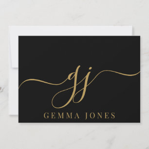 Elegant Script Monogram Initials Name Black Gold  Card