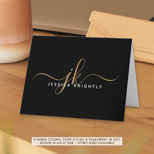 Elegant Script Monogram Initials Name Black Gold Note Card