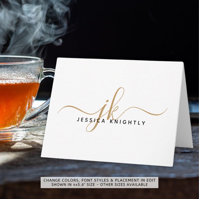 Elegant Script Monogram Initials Name Gold Black Note Card (Creator Uploaded)