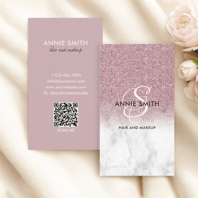  Elegant Script Monogram Marble Rose Gold Glitter Business Card (Creator Uploaded)