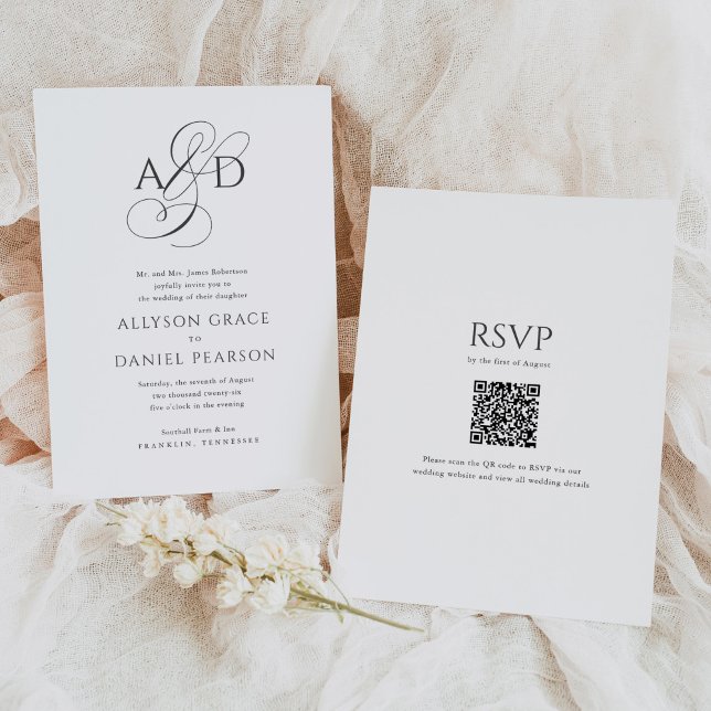 Elegant Script Monogram QR Code Classic Wedding Invitation (Creator Uploaded)
