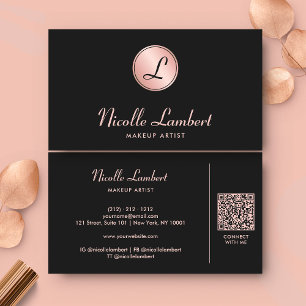 Elegant Script Monogram QR Code Rose Gold Black Business Card