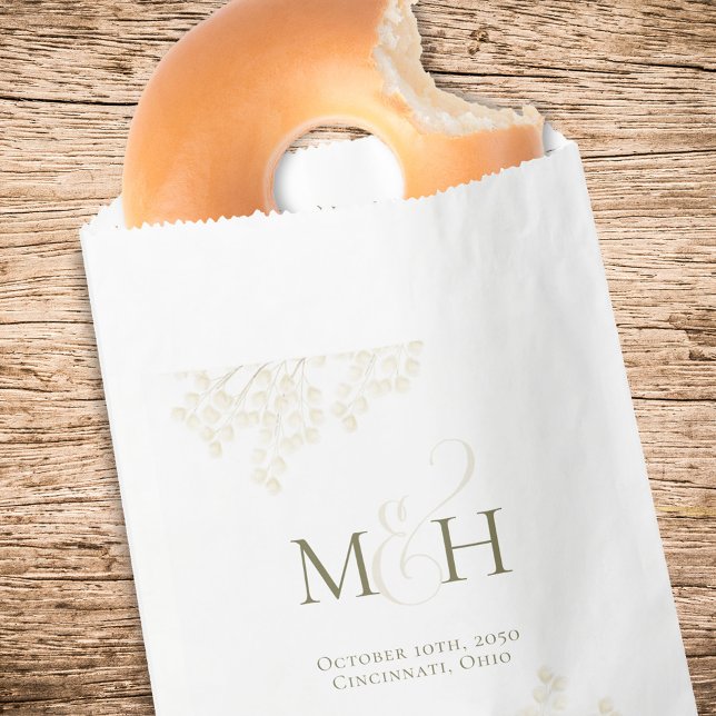 Elegant Script Monogram Wedding Treat Favour Bags (Wedding favor bag with elegant greenery and foliage.)