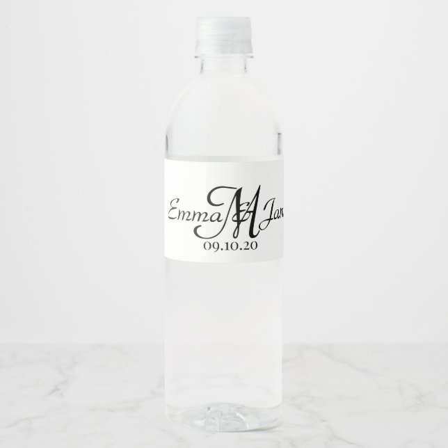 Elegant Script Monogram Wedding Water Bottle Label (Front)