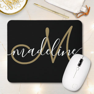 Elegant Script Monogrammed Black Gold  Mouse Pad