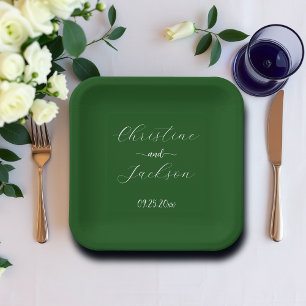 Elegant Script Moss Green Wedding Paper Plate