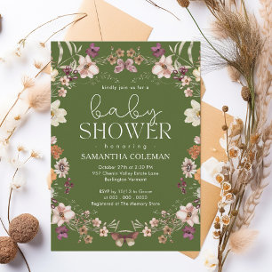 Elegant Script Moss Green Wildflower Baby Shower Invitation