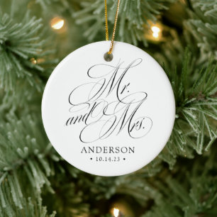 Elegant Script Mr. and Mrs. Newlywed Christmas Ceramic Tree Decoration